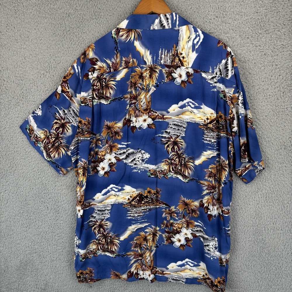 Vintage Hilo Hattie Camp Shirt Mens XL Blue 100% Rayon Hawaiian Aloha Island - Picture 5 of 7